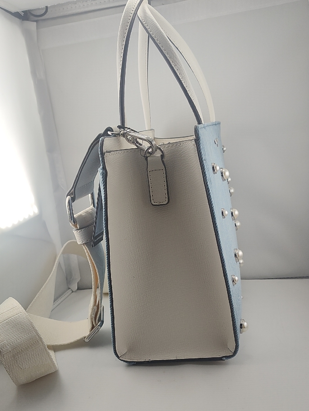 Karl Lagerfeld Denim and Leather tote bag Pearl Embellished Light Blue NWT $228 - Picture 7 of 15